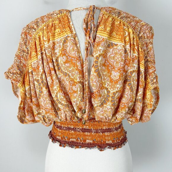 Rachel Zoe Orange Floral Cropped Top Smocked Waist Milkmaid Size Medium Women's - Picture 3 of 4